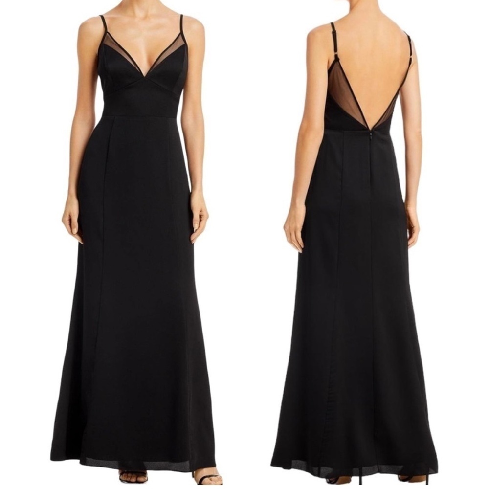 NWT Aqua x Bloomingdale’s V-Neck Illusion Long Evening Dress Black Size 14